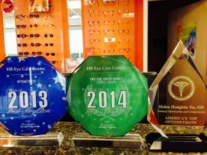 Optometry awards displayed at HB Eye Care Center
