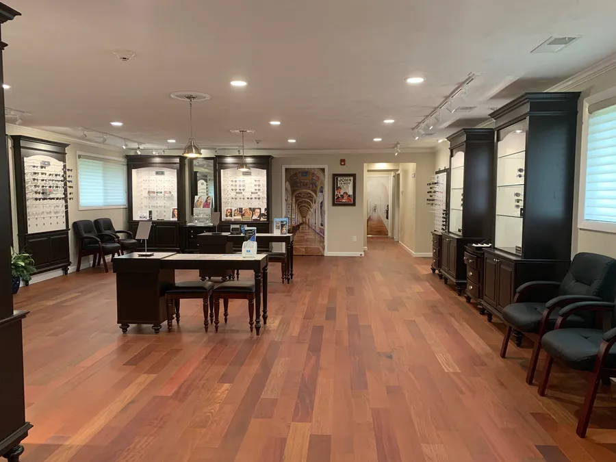 Open, bright office floor with eyewear displays